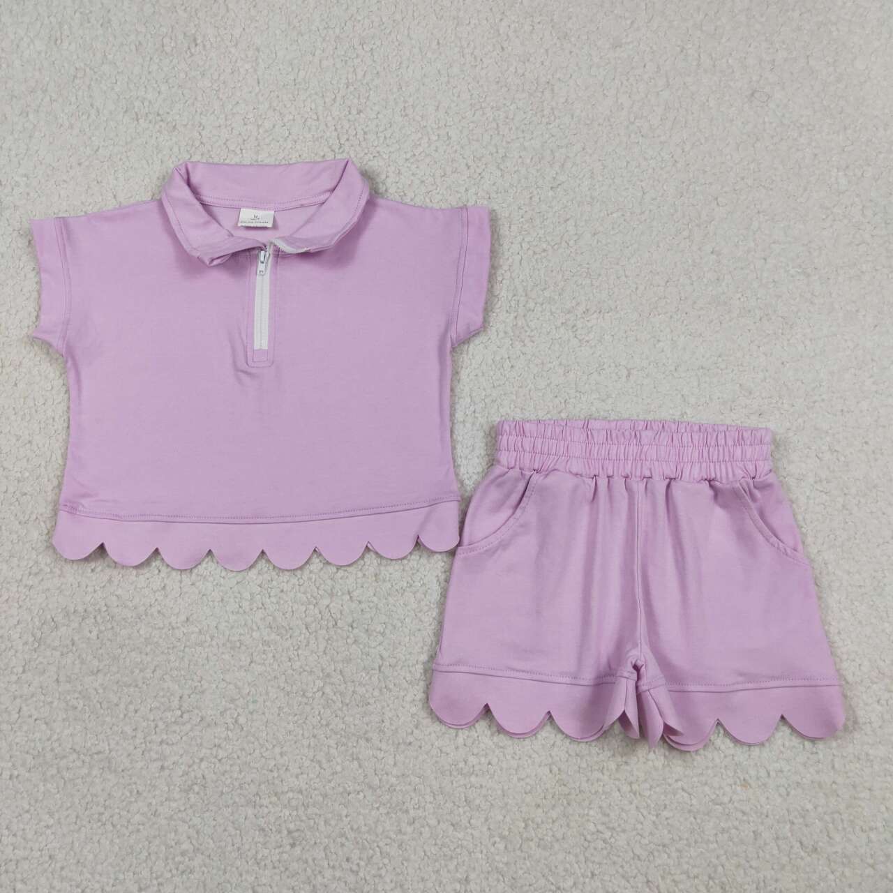 Violet Cotton Zipper Top Pockets Shorts Girls Summer Scallop Clothes Set