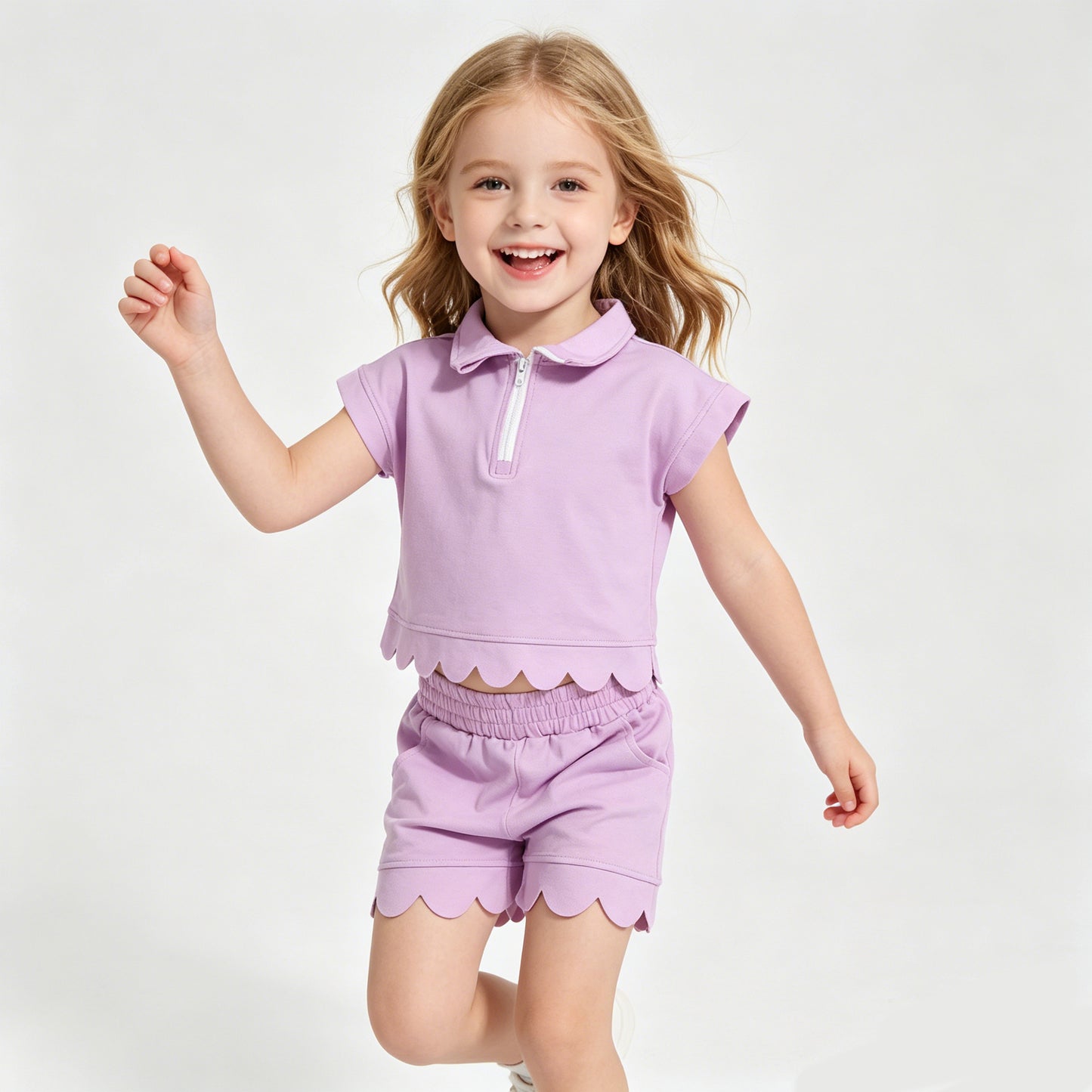 5 Colors Zipper Top Pockets Shorts Girls Summer Scallop Cotton Clothes Set Sisters Wear