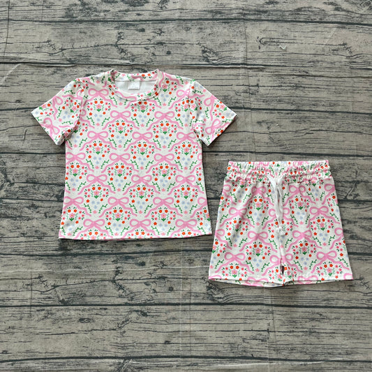 GSSO3379 Preorder Small Flowers Bows Print Shorts Girls Summer Clothes Set
