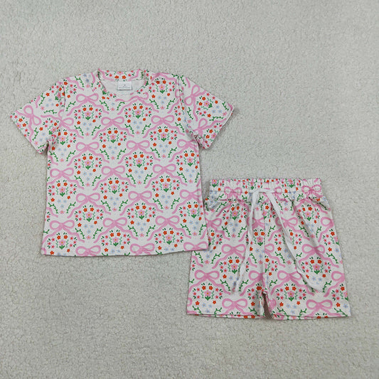 GSSO3379 Pink Floral & Bow Short Sleeve & Shorts Set - Girls