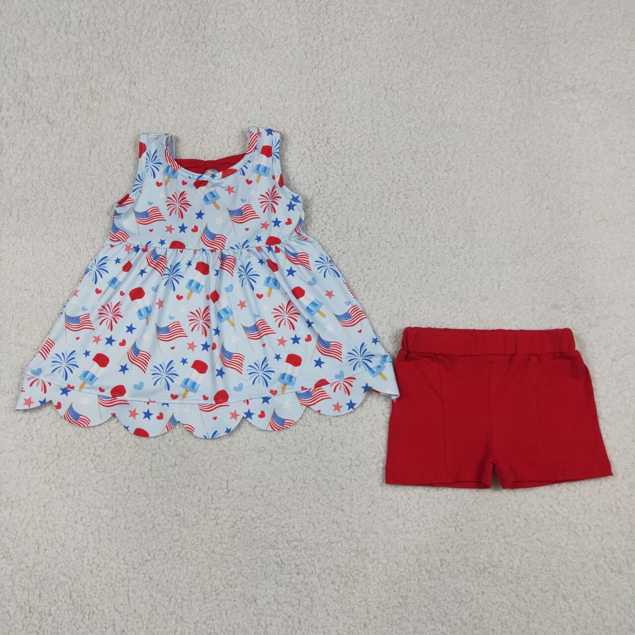 GSSO3386  Popsicle Flags Tunic Sleeveless Scallop Top Red Shorts Baby Girls 4th of July Clothes Set