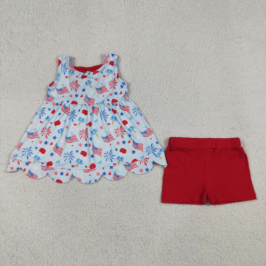 GSSO3386  Popsicle Flags Tunic Sleeveless Scallop Top Red Shorts Baby Girls 4th of July Clothes Set