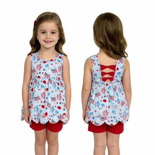 GSSO3386  Popsicle Flags Tunic Sleeveless Scallop Top Red Shorts Baby Girls 4th of July Clothes Set