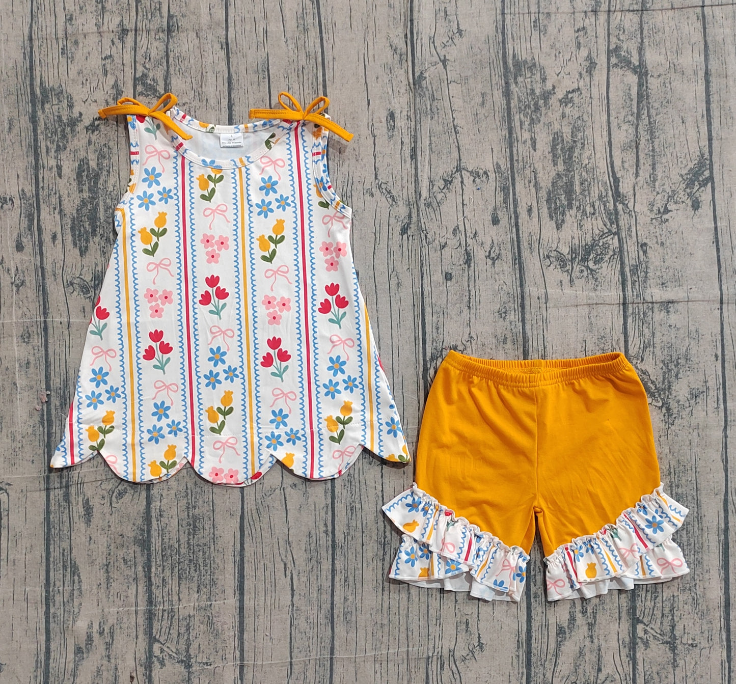 GSSO3388 Colorful Flowers Sleeveless Scallop Top Ruffle Shorts Girls Summer Clothes Set