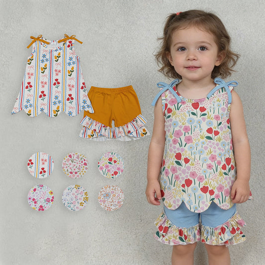 Sibling Baby Girls Floral Tank Top With Ruffle Shorts Scalloped Sets