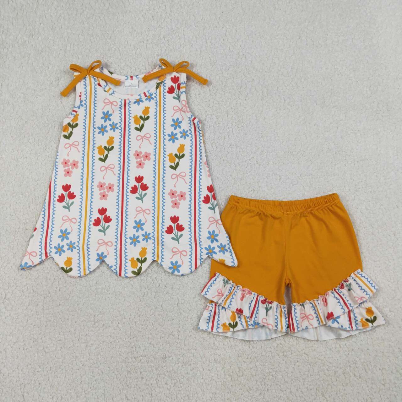 Sibling Baby Girls Floral Tank Top With Ruffle Shorts Scalloped Sets