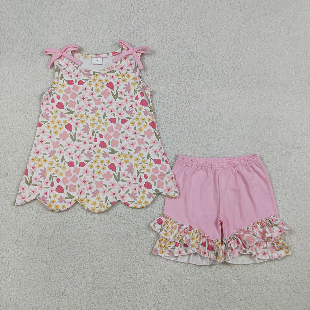 GSSO3389 Pink Flowers Scallop Sleeveless Top Ruffle Shorts Girls Summer Clothes Set