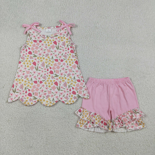 GSSO3389 Pink Flowers Scallop Sleeveless Top Ruffle Shorts Girls Summer Clothes Set