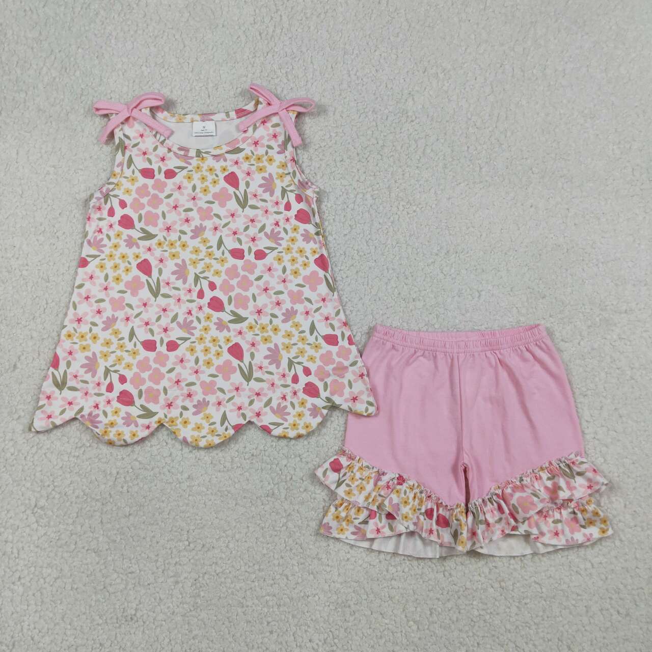 Sibling Baby Girls Floral Tank Top With Ruffle Shorts Scalloped Sets
