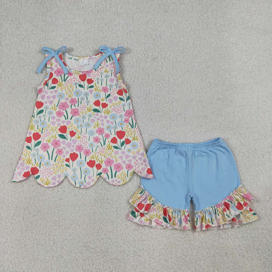 GSSO3390 Colorful Flowers Sleeveless Scallop Top Ruffle Shorts Girls Summer Clothes Set