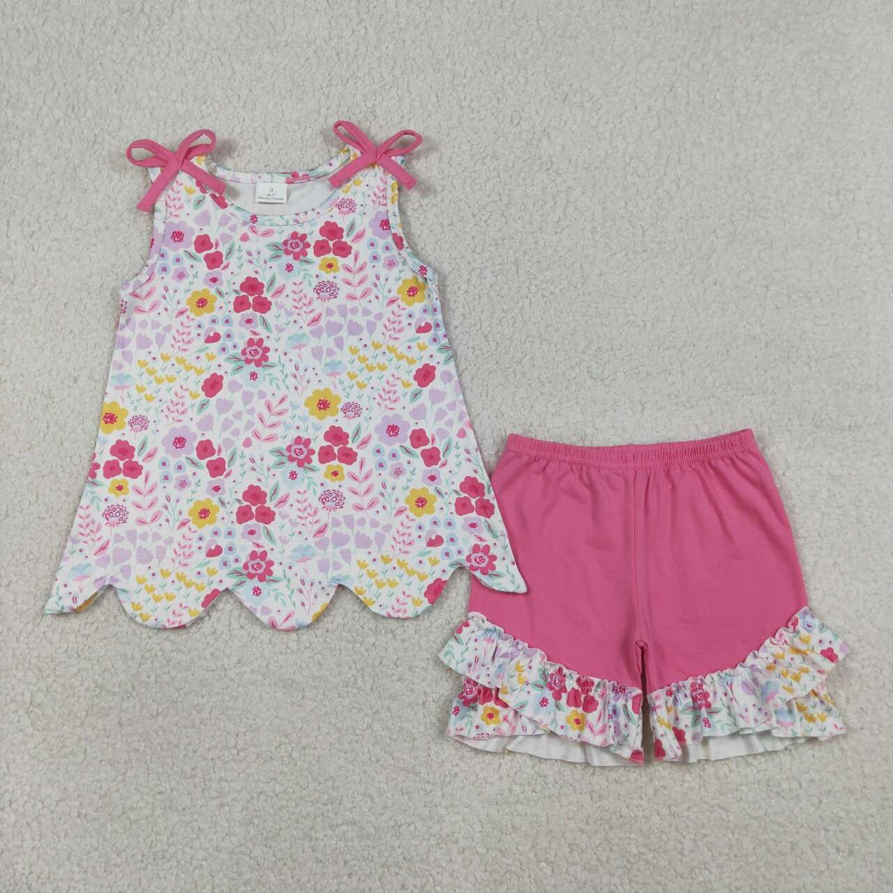 Sibling Baby Girls Floral Tank Top With Ruffle Shorts Scalloped Sets