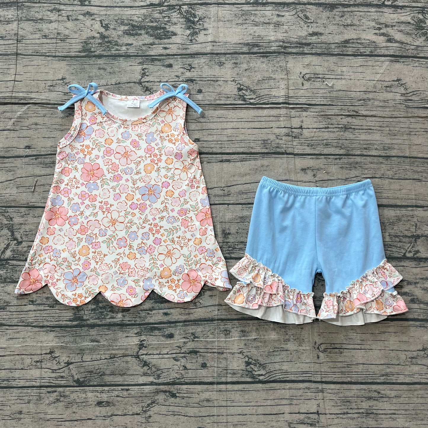 GSSO3393 Girls’ Colorful Floral & Leaf Sleeveless Top & Shorts Scallop Set with Blue Bows