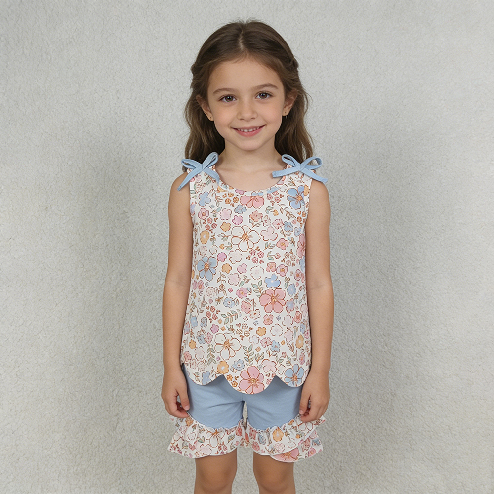 GSSO3393 Girls’ Colorful Floral & Leaf Sleeveless Top & Shorts Scallop Set with Blue Bows
