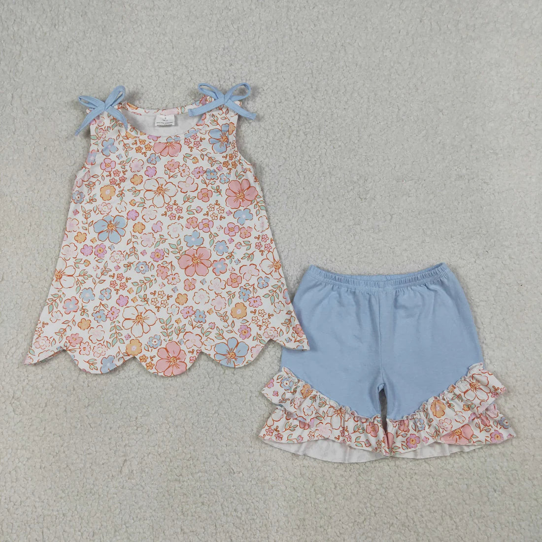 Sibling Baby Girls Colorful Flowers Scallop Tunic Ruffle Short Clothes Sets