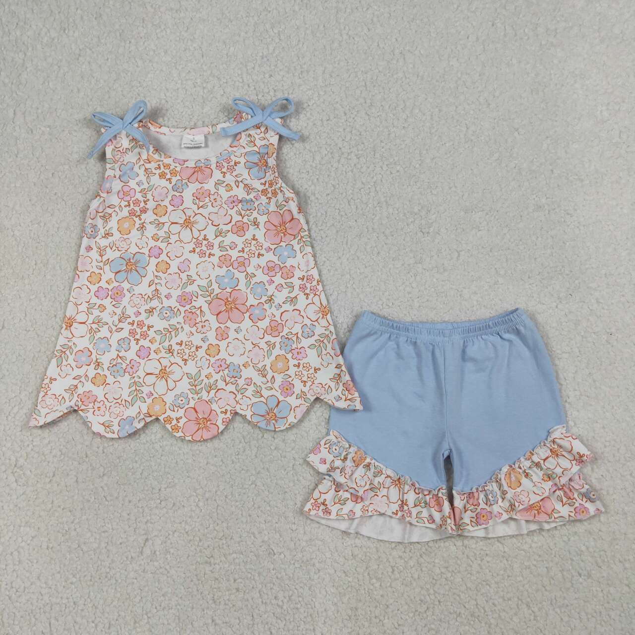 Sibling Baby Girls Floral Sleeveless  Scalloped  Top with Ruffle Shorts Outfit
