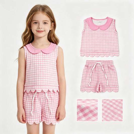 Pink Plaid Doll Collar Sleeveless Top Shorts Girls Summer Scallop Clothes Set