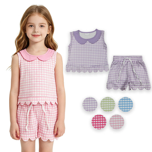 Sibling Baby Girls Gingham Sleeveless Top with Shorts Scalloped Sets