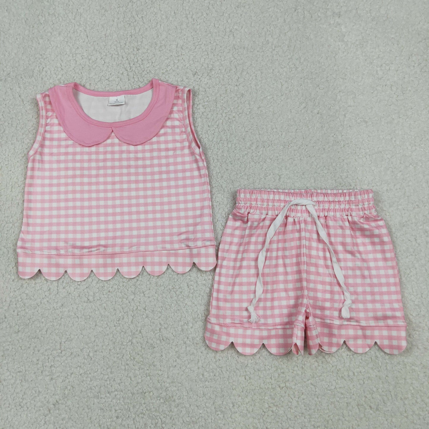 Pink Plaid Doll Collar Sleeveless Top Shorts Girls Summer Scallop Clothes Set
