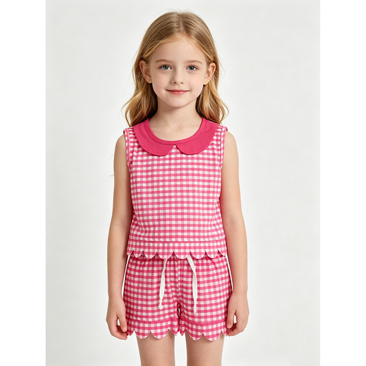 GSSO3395 Hot Pink Plaid Doll Collar Sleeveless Top Shorts Girls Summer Scallop Clothes Set