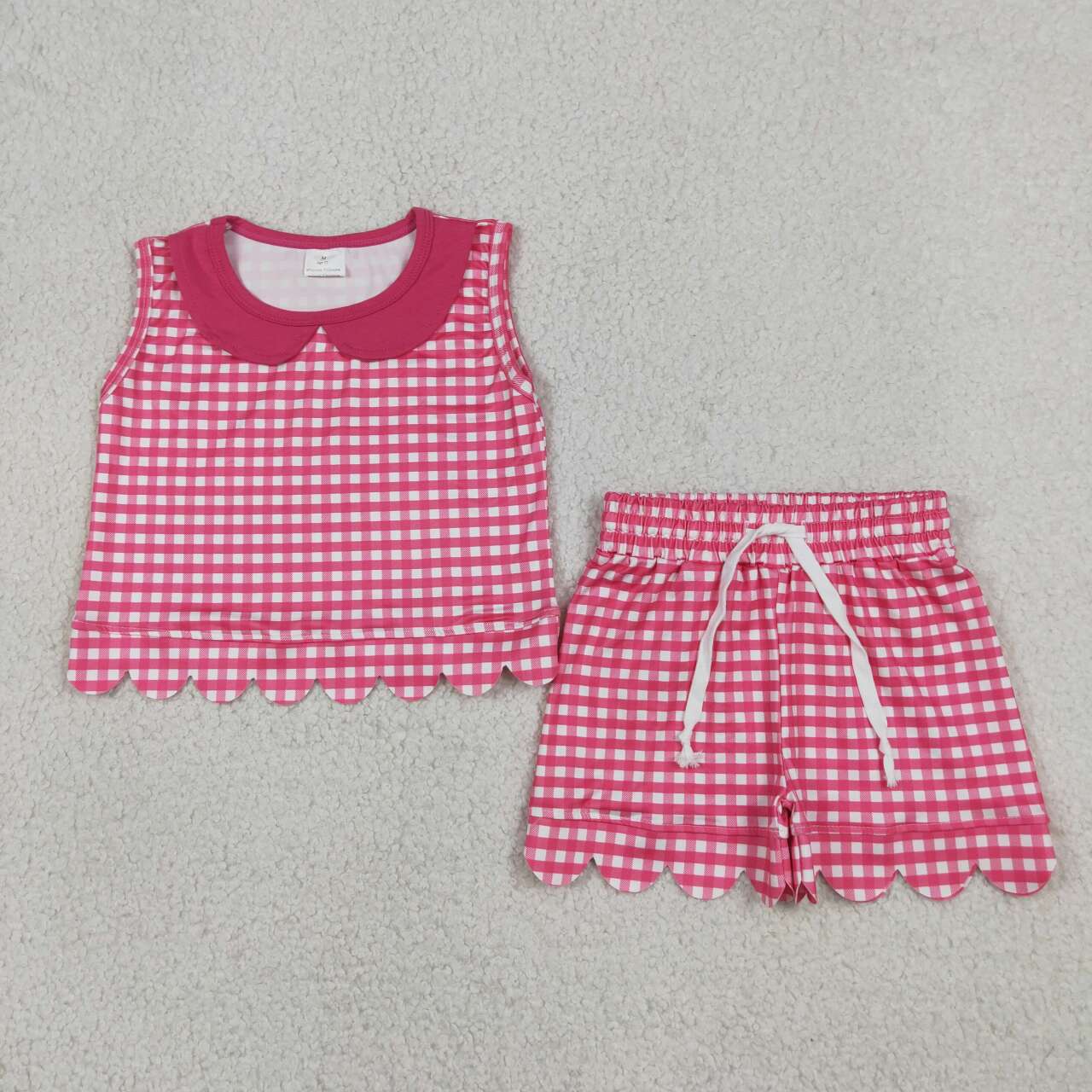 GSSO3395 Hot Pink Plaid Doll Collar Sleeveless Top Shorts Girls Summer Scallop Clothes Set