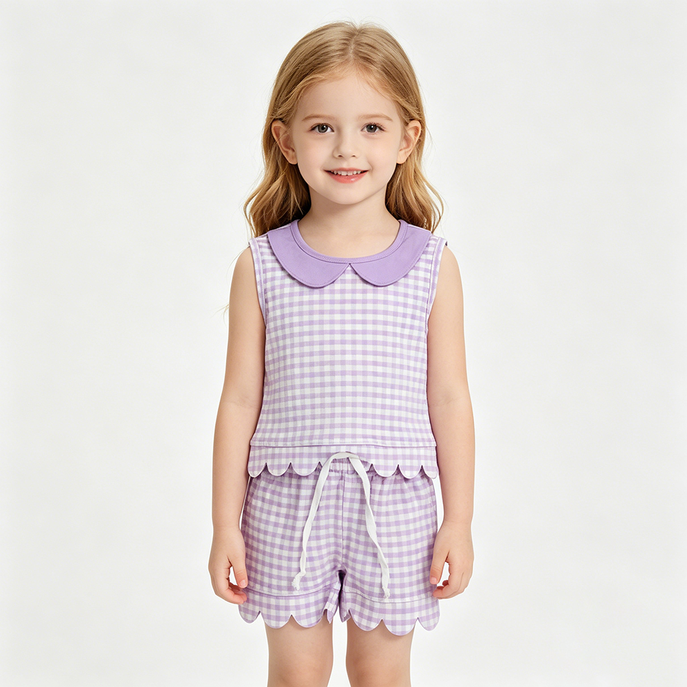 GSSO3396  Purple Plaid Doll Collar Sleeveless Top Shorts Girls Summer Scallop Clothes Set