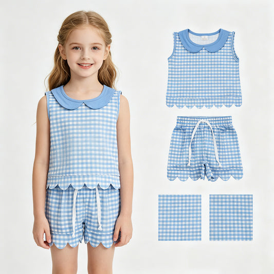 GSSO3397 Blue Plaid Doll Collar Tank Top Shorts Girls Summer Scallop Clothes Set
