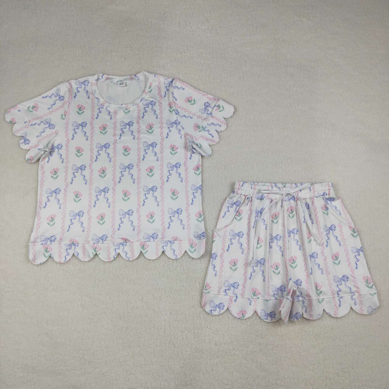 GSSO3233 Women’s Flower Blue Bow Scallop Short Sleeve Top & Shorts Set