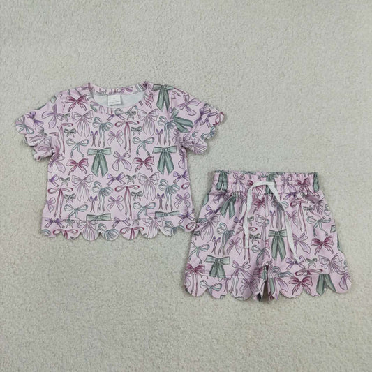 GSSO3409 Purple Bows Print Girls Summer Scallop Clothes Set