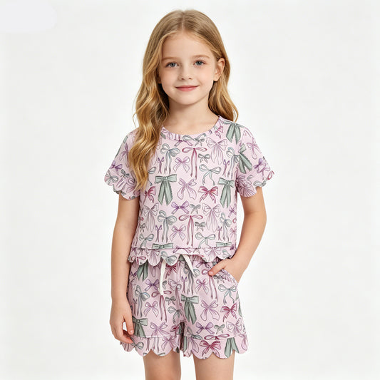 GSSO3409 Purple Bows Print Girls Summer Scallop Clothes Set
