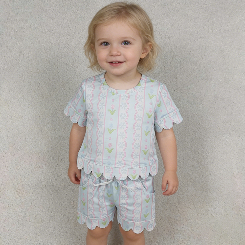GSSO3412 Flowers Stripes Blue Scallop Shorts Set - Girls’
