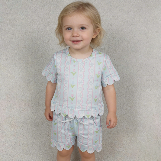 GSSO3412 Flowers Stripes Blue Scallop Shorts Set - Girls’
