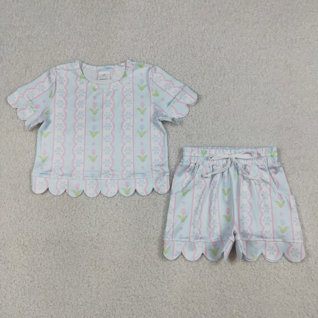 Sibling Baby Girls Colorful Flowers Top Pockets Shorts Scallop Clothes Sets