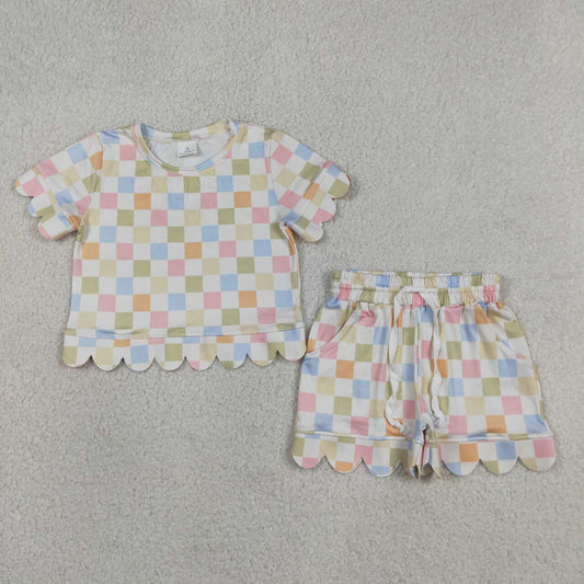 GSSO3419 Colorful Plaid Print Girls Summer Scallop Clothes Set