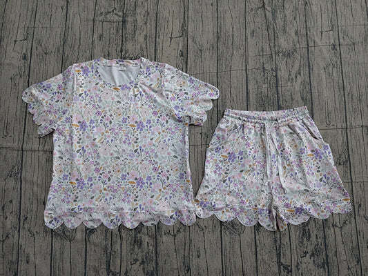 GSD3420 Preorder Colorful Flowers Top Pockets Shorts Woman Summer Scallop Clothes Set