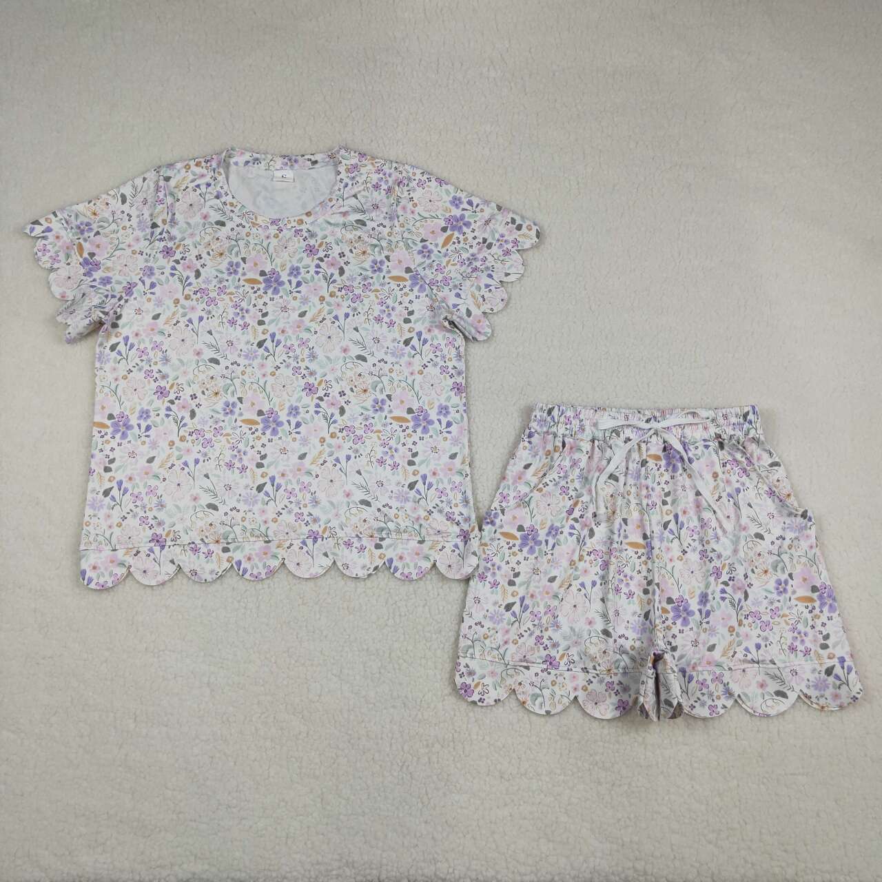 GSSO3420 Colorful Flowers Print Pockets Shorts Woman Summer Scallop Clothes Set