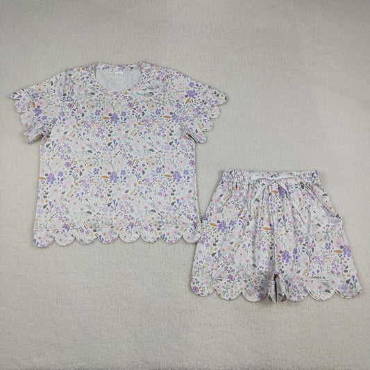 GSSO3420 Colorful Flowers Print Pockets Shorts Woman Summer Scallop Clothes Set