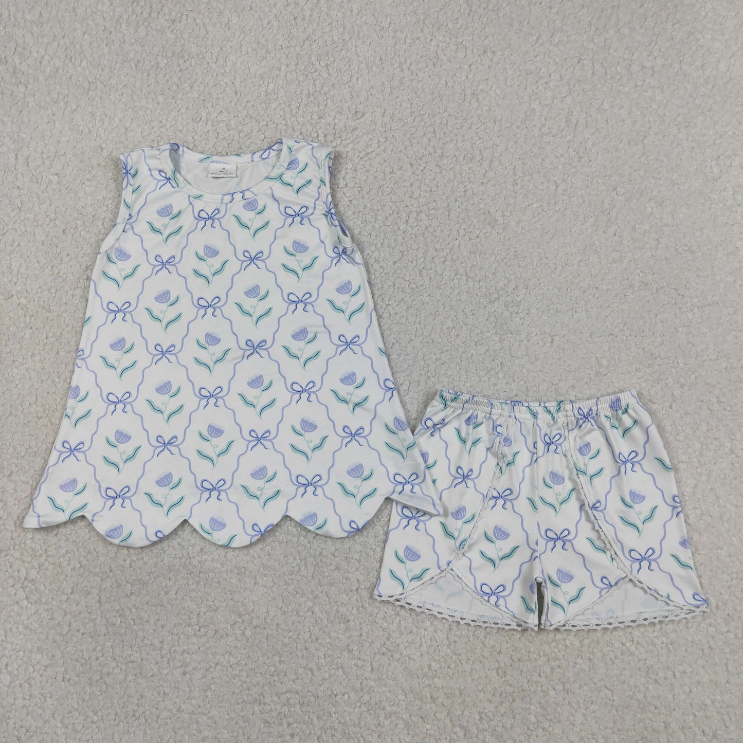GSSO3426 Flowers Bows Scallop Sleeveless Top Shorts Girls Summer Clothes Set