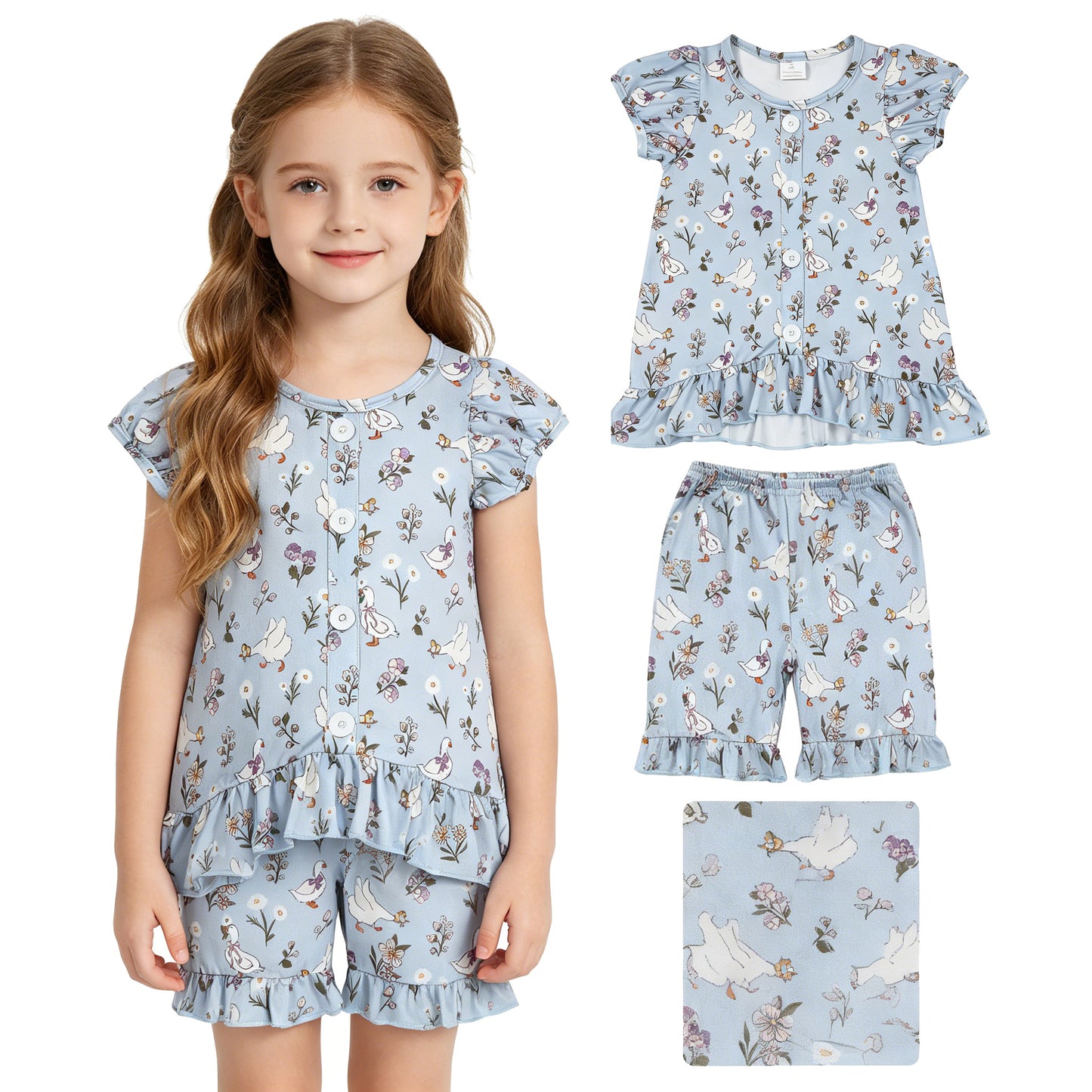 GSSO3433 Floral Goose Top Ruffle Shorts Girls Summer Clothes Set