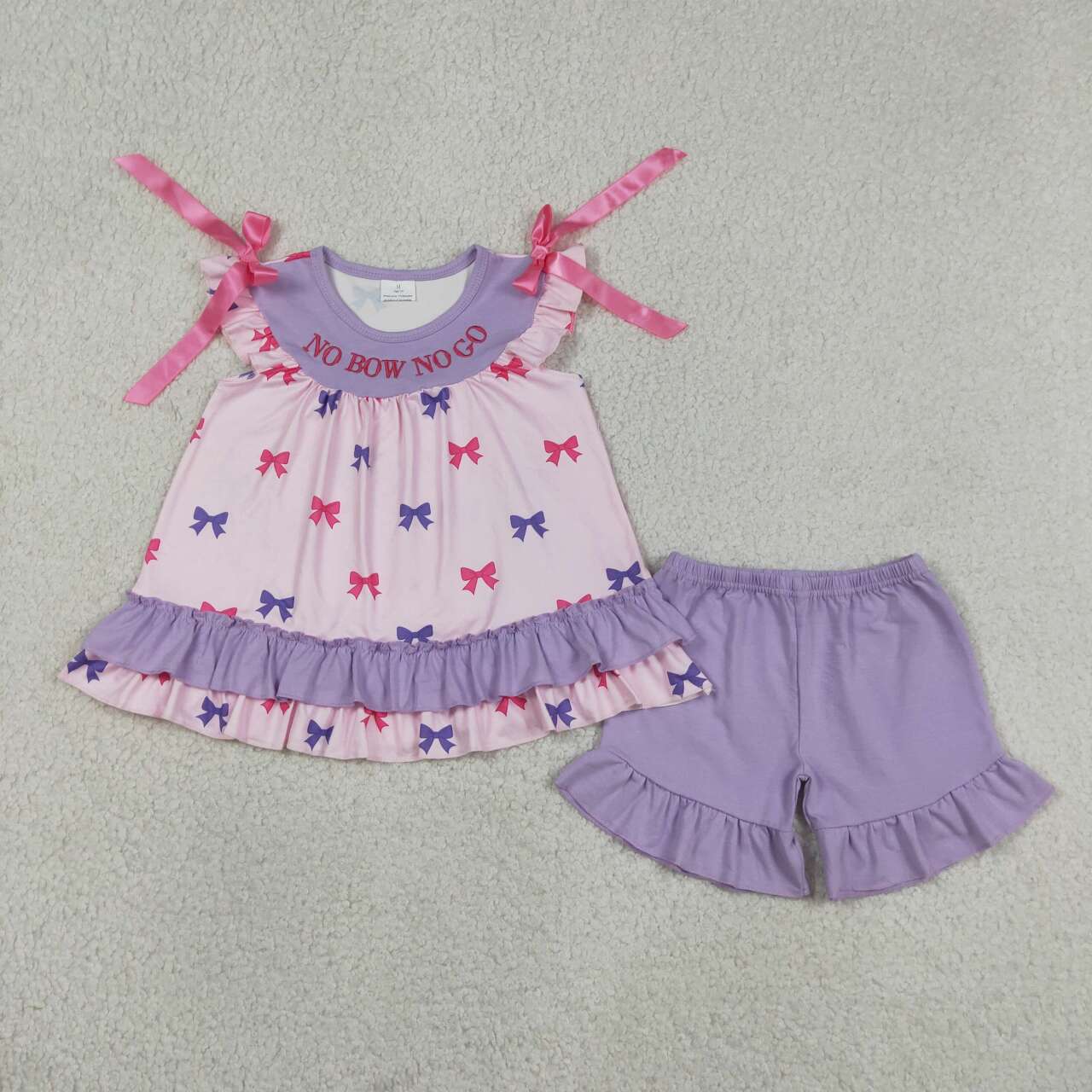 GSSO3460  NO BOW NO GO Embroidery Bows Ruffle Top Purple Shorts Girls Summer Clothes Set