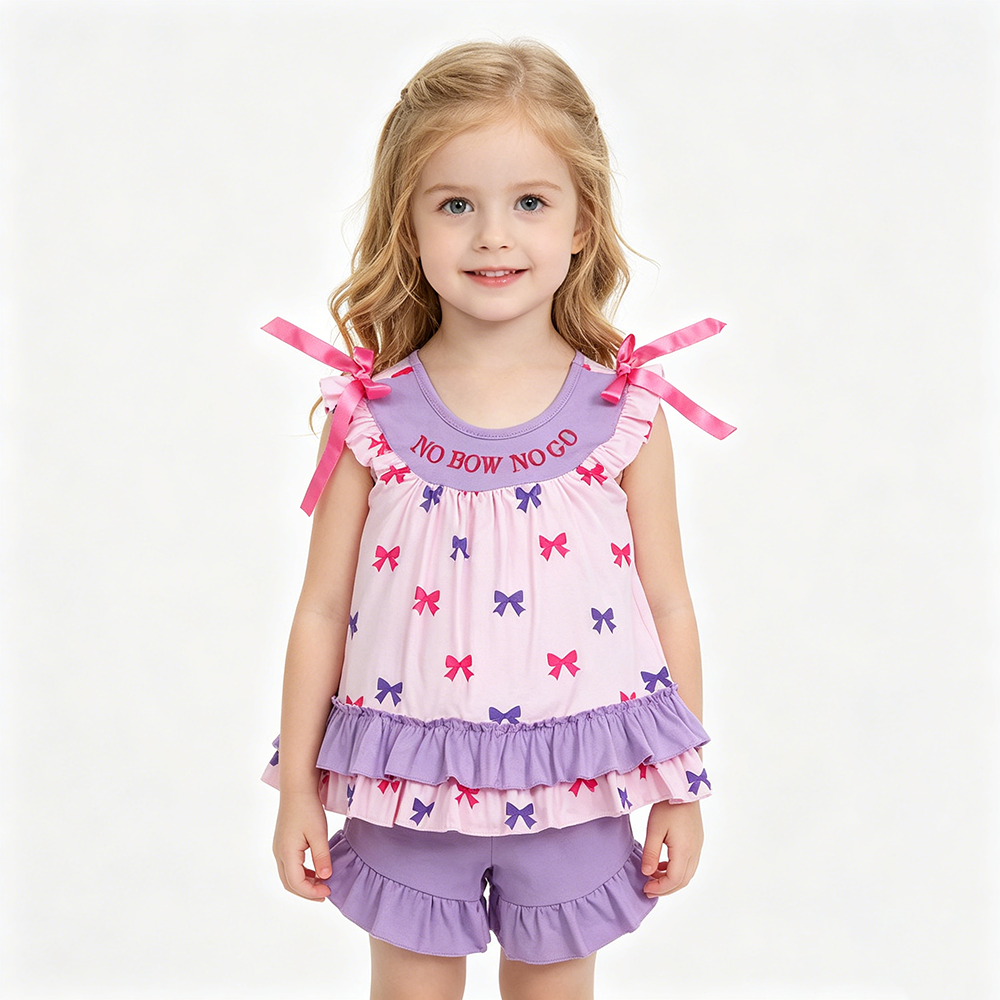 GSSO3460  NO BOW NO GO Embroidery Bows Ruffle Top Purple Shorts Girls Summer Clothes Set