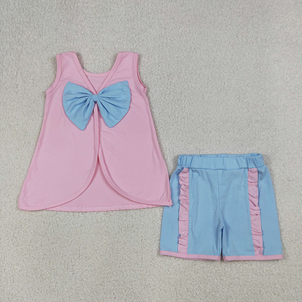GSSO3462 Cartoon Princess Pink Cotton Bow Backless Sleeveless Top & Ruffled Shorts Set for Girls