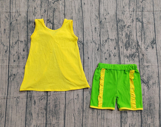 Preorder GSSO3464  Cartoon Princess Yellow Backless Top Green Ruffle Shorts Girls Summer Cotton Clothes Set