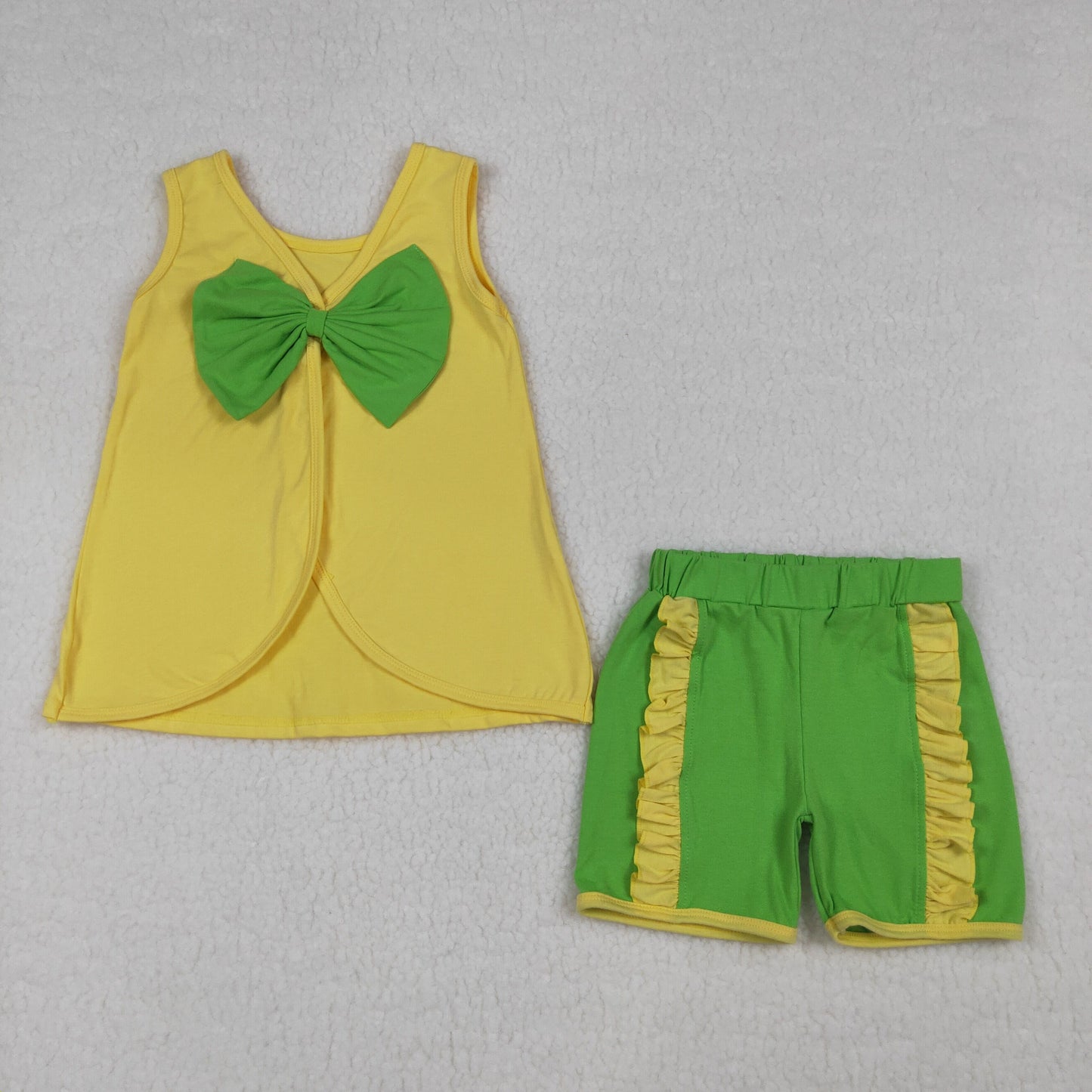 Cartoon Princess Cotton Bow Backless Sleeveless Top & Ruffled Shorts Girls Outfits Sisters Wear