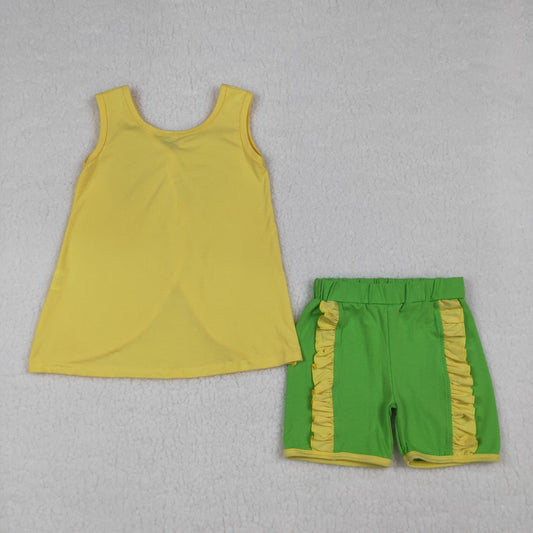 Toddler Girls Yellow Green Bow Back Tank Top Ruffle Shorts Set, Summer Sleeveless Outfit for Little Girls