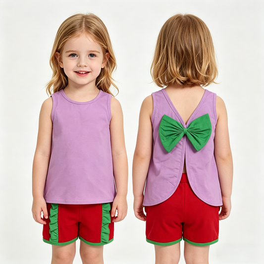 GSSO3465  Cartoon Princess Purple Backless Top Red Ruffle Shorts Girls Summer Cotton Clothes Set