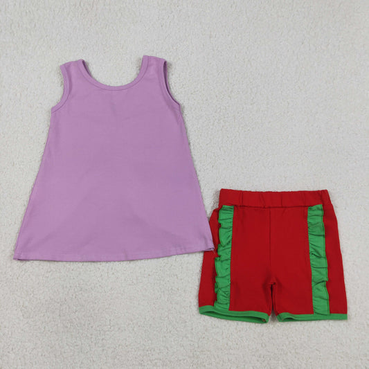 GSSO3465  Cartoon Princess Purple Backless Top Red Ruffle Shorts Girls Summer Cotton Clothes Set
