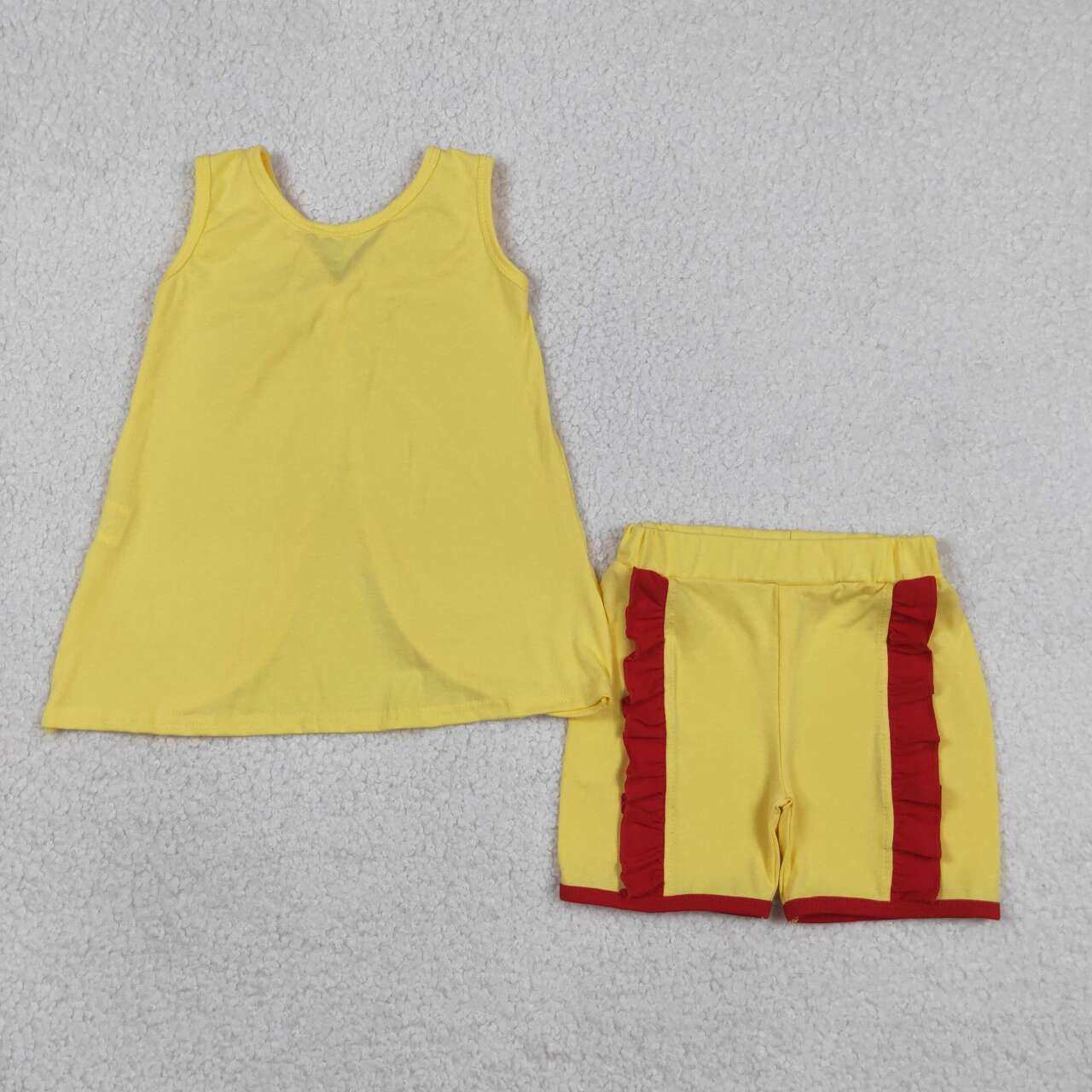Cartoon Princess Yellow Backless Top Red Ruffle Shorts Girls Summer Cotton Clothes Set
