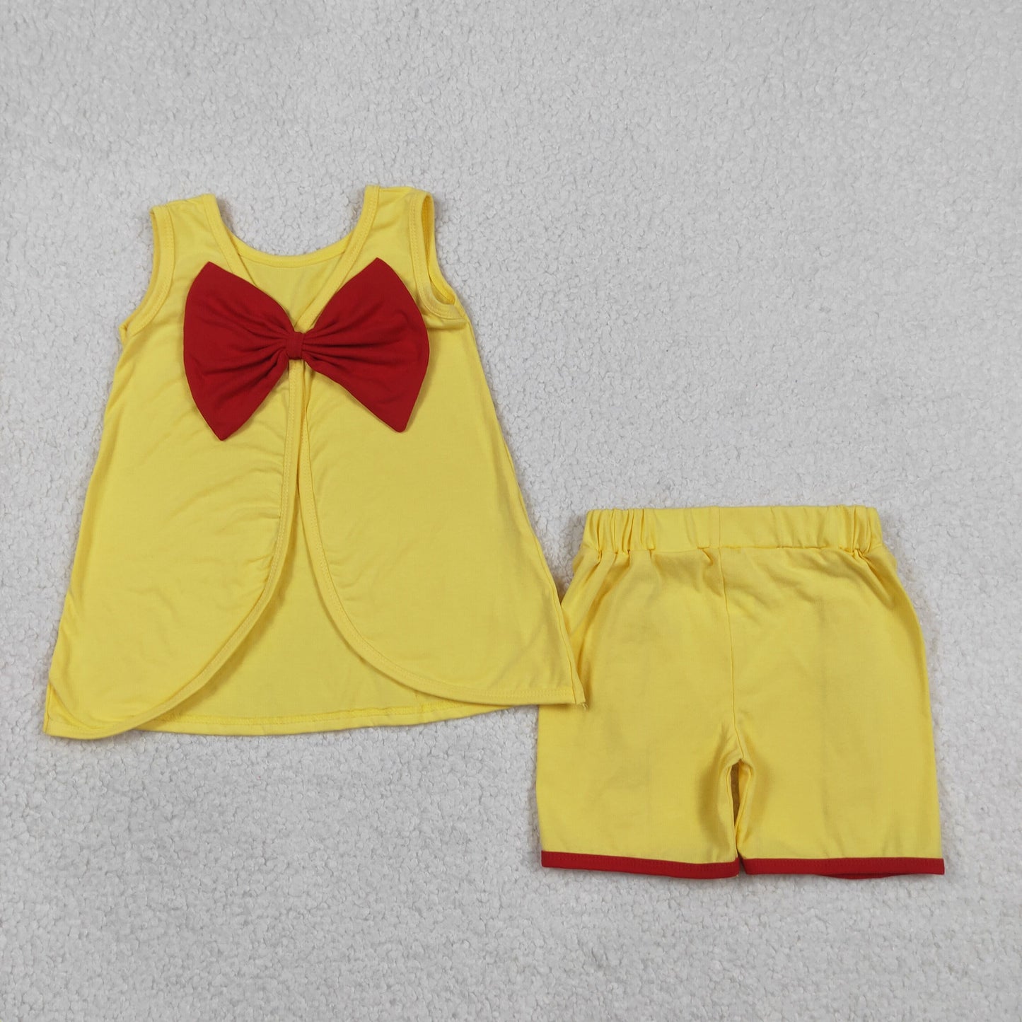 Cartoon Princess Yellow Backless Top Red Ruffle Shorts Girls Summer Cotton Clothes Set