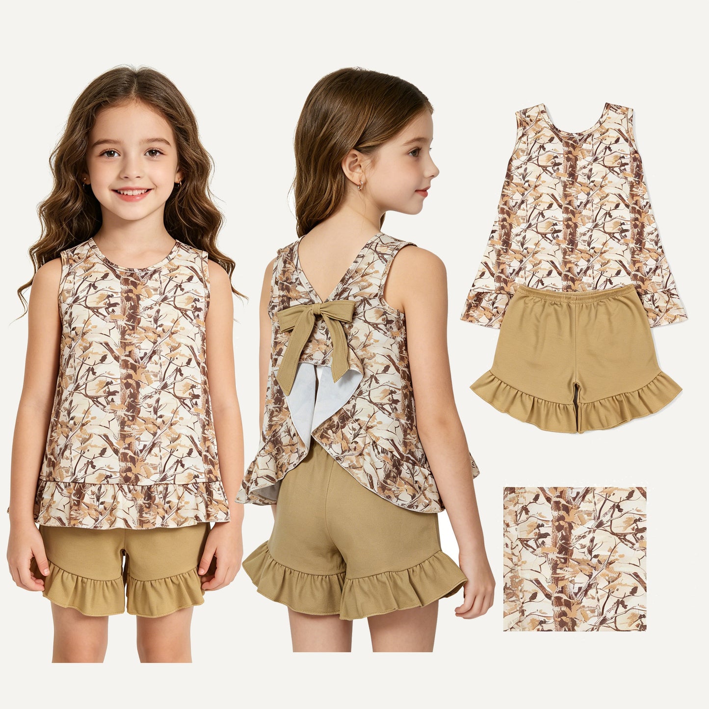 GSSO3467  Brown Branch Backless Bow Top Ruffle Shorts Girls Summer Clothes Set
