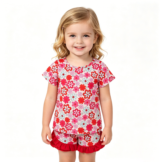 GSSO3471 Red Pink Flowers Short Sleeve & Shorts Set - Girls